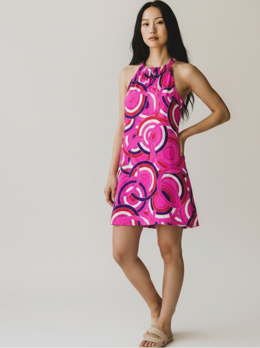 Jude Connally Mod Mini Dress S Pink Halter Retro Geometric Womens EUC